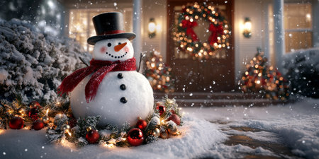 A cheerful snowman adorned with a vibrant scarf and button eyes, standing proudly on a blanket of fresh snow, capturing the magic of winter.の素材