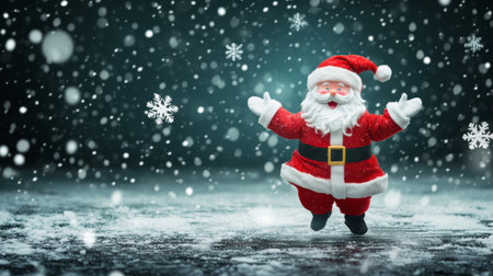 Santa Claus joyfully dances in the sparkling snow, arms outstretched, embodying the festive spirit and magic of the holiday season.の素材