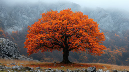 A solitary tree rises majestically in a rocky field, embodying resilience amidst natures rugged beauty under a vast, open sky.の素材