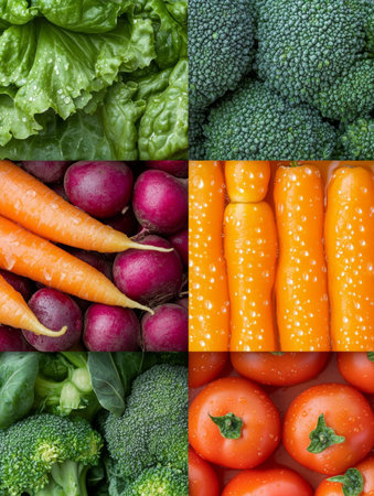 A vibrant close-up showcasing a colorful medley of fresh vegetables, including crunchy carrots, lush broccoli and crisp radishes, bursting with vitality.の素材