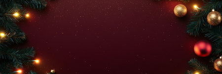 Christmas background with festive decorative decoration elements. Christmas tree branches with lights ornament balls. Christmas New Year border, xmas frame, Holiday banner and posterの素材