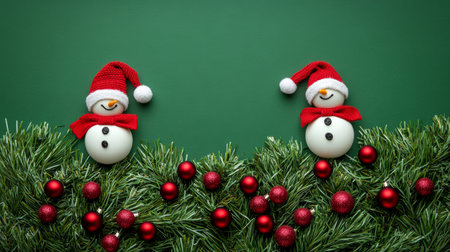 Two cheerful snowmen adorned with hats and scarves are playfully perched atop a beautifully decorated Christmas tree, embodying the festive spirit of the holiday season.の素材