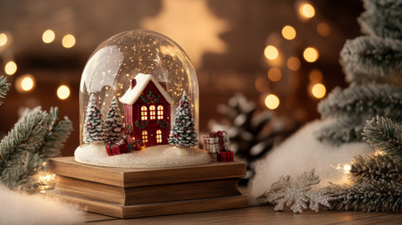 A charming snow globe encapsulates a quaint house, surrounded by sparkling snow, evoking the warmth and magic of the Christmas season.の素材