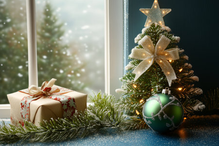 A cozy window sill adorned with a tiny Christmas tree and a beautifully wrapped gift, radiating festive cheer and holiday spirit.の素材