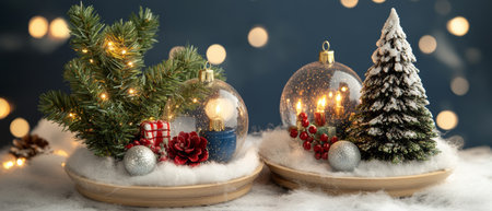 Two enchanting snow globes capture the magic of Christmas, adorned with vibrant decorations and twinkling lights, inviting festive cheer and wonder.の素材