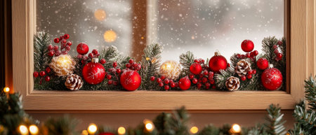 A cozy window adorned with twinkling lights, vibrant ornaments, and a frosty view, inviting the warmth of Christmas spirit inside.の素材