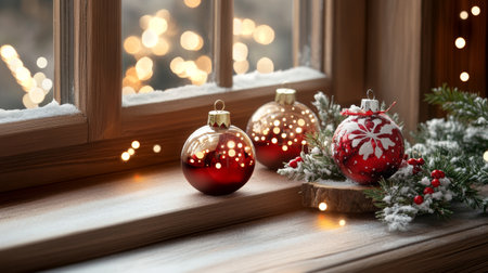 Three vibrant ornaments gleam on a window sill, illuminated by twinkling lights, capturing the enchanting spirit of Christmas magic and warmth.の素材