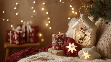 A whimsical Christmas scene unfolds with a vibrant tree adorned in twinkling lights, while a cozy teapot sits invitingly on a fluffy bed, radiating warmth.の素材