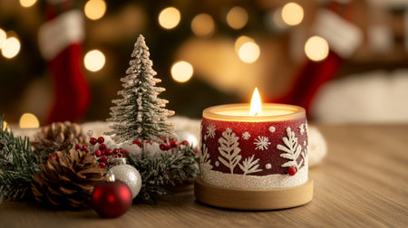 A warm glow fills the room as flickering candles illuminate a festive table adorned with colorful decorations and a majestic Christmas tree nearby.の素材