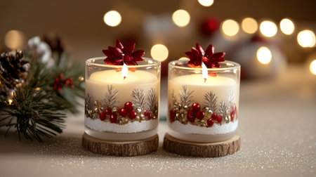 A festive table adorned with elegant candles and cheerful bows, radiating warmth and joy, perfect for celebrating the Christmas season.の素材