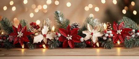 A festive table adorned with shimmering Christmas decorations and twinkling lights, evoking warmth and joy for the holiday season.の素材