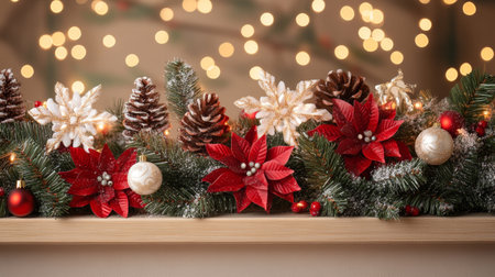 A festive garland adorned with vibrant poinsettias and rustic pine cones gracefully drapes over a cozy mantle, evoking the warmth of Christmas spirit.の素材