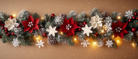 A beautiful garland adorned with vibrant red and white poinsettias, bringing festive cheer and warmth to any holiday setting.の素材