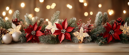 A festive garland adorned with shimmering ornaments and twinkling lights graces a table, radiating warmth and holiday cheer.の素材