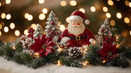 A jolly Santa Claus sits cheerfully on a table surrounded by sparkling Christmas decorations, radiating warmth and festive joy.の素材