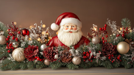 A cheerful Santa Claus figurine rests atop a lush Christmas garland, radiating holiday spirit and warmth, ready to spread joy this festive season.の素材
