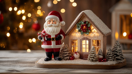 A charming Santa Claus figurine stands beside a cozy little house, radiating festive cheer and evoking the magic of Christmas spirit.の素材