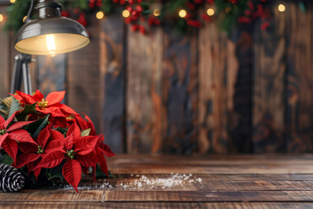 A festive table adorned with vibrant poinsettias and rustic pine cones, bringing the warmth and cheer of Christmas into your home.の素材