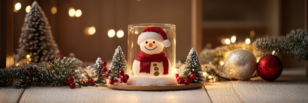A charming snowman, snug in a glass jar, wears a vibrant red scarf, capturing the essence of winter magic and festive cheer.の素材