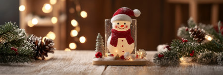 A cheerful snowman peeks out of a glass, adorned with a vibrant red scarf and hat, capturing the essence of holiday spirit and winter wonder.の素材
