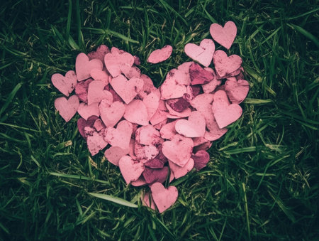 A vibrant heart composed of smaller pink hearts rests on a lush green grass backdrop, symbolizing love and affection, perfect for Valentine's Day celebrations.の素材