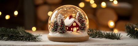 A magical snow globe captures a cozy house surrounded by snow-covered trees, radiating warmth and festive cheer, perfect for the holiday season.の素材