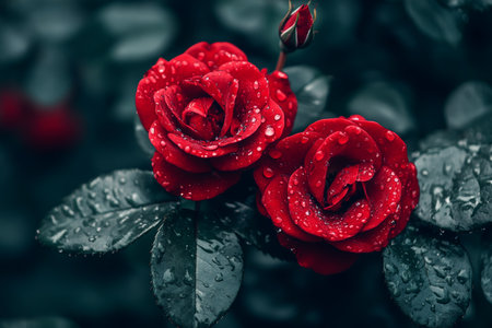 Two vibrant red roses adorned with glistening water droplets, symbolizing love and romance, perfect for Valentine's Day celebrations.の素材