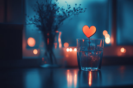 A glass of water adorned with a vibrant red heart, symbolizing love and affection, perfect for celebrating Valentine's Day.の素材