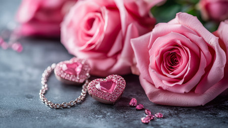 A romantic arrangement featuring delicate pink roses and an elegant heart-shaped necklace, perfect for expressing love on Valentine's Day.の素材