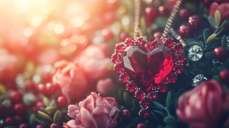 A stunning heart-shaped red crystal necklace gracefully hangs on a delicate chain, perfect for expressing love on Valentine's Day or any romantic occasion.の素材