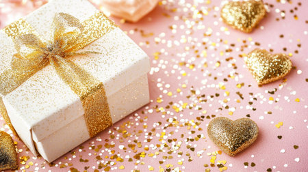 A beautifully wrapped white gift box adorned with a luxurious gold ribbon, accompanied by an elegant heart-shaped box, perfect for expressing love on Valentine's Day.の素材