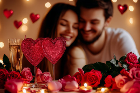 Two individuals enjoy a romantic evening together, seated side by side with wine glasses, creating an intimate atmosphere perfect for Valentine's Day.の素材