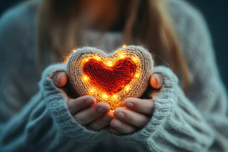 A person gently cradles a knitted heart, illuminated by soft string lights, symbolizing love and warmth for Valentine's Day.の素材