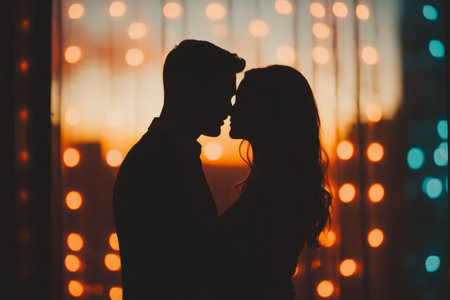Silhouette of a couple sharing a romantic kiss in front of a glowing window adorned with lights, capturing the essence of love on Valentine's Day.の素材