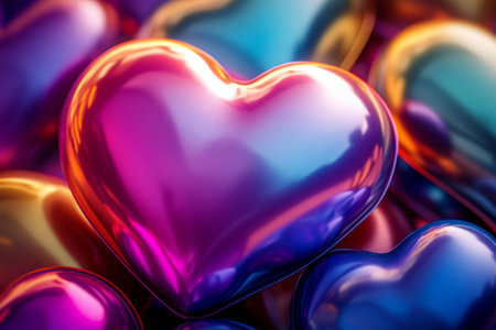 A vibrant close-up of shiny red hearts scattered across a table, perfect for celebrating love and affection on Valentine's Day.の素材