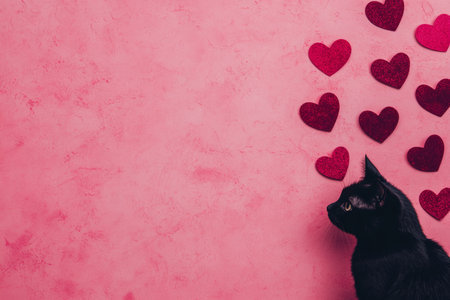 A cute black cat rests on a soft pink surface adorned with heart shapes, perfectly capturing the essence of love and companionship for Valentine's Day.の素材
