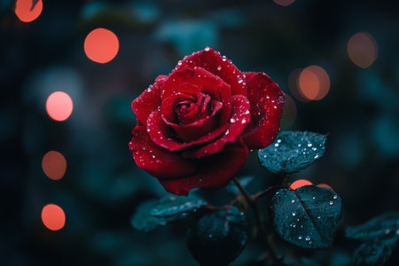 A vibrant red rose adorned with glistening water droplets, symbolizing love and romance, perfect for Valentine's Day celebrations.の素材
