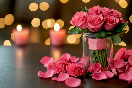 A beautiful arrangement of pink roses in a vase, elegantly tied with a pink ribbon, perfect for expressing love on Valentine's Day.の素材