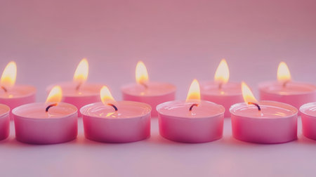A close-up view of a row of pink candles, with one candle glowing softly, creating a warm and romantic atmosphere perfect for Valentine's Day celebrations.の素材
