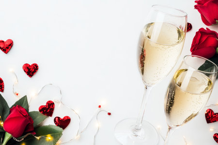 Two elegant glasses of champagne are surrounded by vibrant red roses and playful hearts, setting a romantic scene perfect for Valentine's Day celebrations.の素材