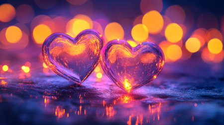 Two elegant glass hearts rest on a table, illuminated by soft, twinkling lights in the background, symbolizing love and romance for Valentine's Day.の素材