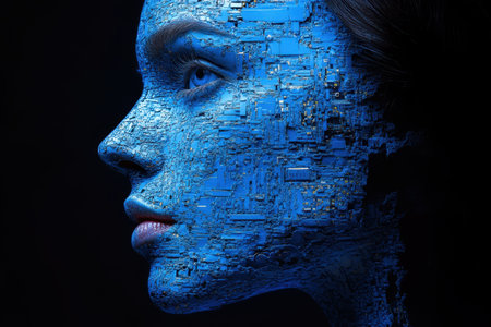 A woman adorned with blue face paint, showcasing intricate designs, reflects cultural expression and artistic creativity in her appearance.の素材