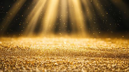 A shimmering golden glitter background illuminated by a radiant sunbeam, creating a warm and inviting atmosphere.の素材