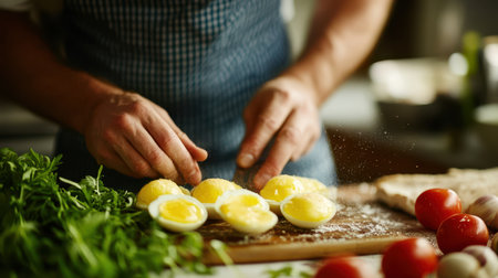 A person is skillfully chopping fresh tomatoes and cracking eggs on a wooden cutting board, ready for meal preparation.の素材