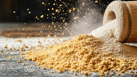 A detailed close-up of grains spilling from a container onto a wooden table surface, showcasing their texture and natural colors.の素材