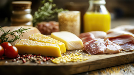 A wooden cutting board displays an assortment of meat, cheese, and fresh vegetables, highlighting culinary preparation and food presentation.の素材