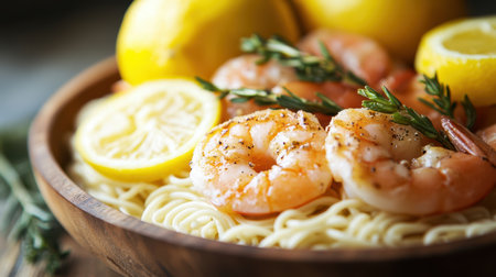 A vibrant bowl of pasta featuring shrimp, garnished with fresh lemon slices, showcasing a delightful culinary presentation.の素材