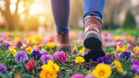 A giraffe strolls through a vibrant flower field, while a person walks leisurely in the background, creating a serene and picturesque scene.の素材