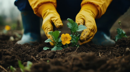 A person in yellow gloves carefully plants a vibrant yellow flower into the rich brown soil, showcasing their gardening skills and nurturing spirit.の素材
