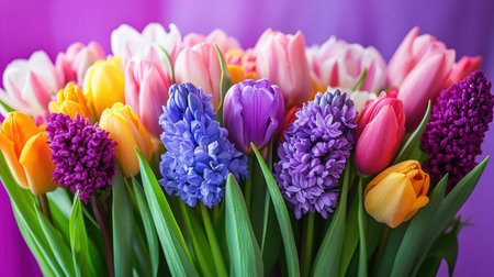 A vibrant assortment of various colored flowers arranged beautifully in a vase, sitting elegantly on a wooden table.の素材